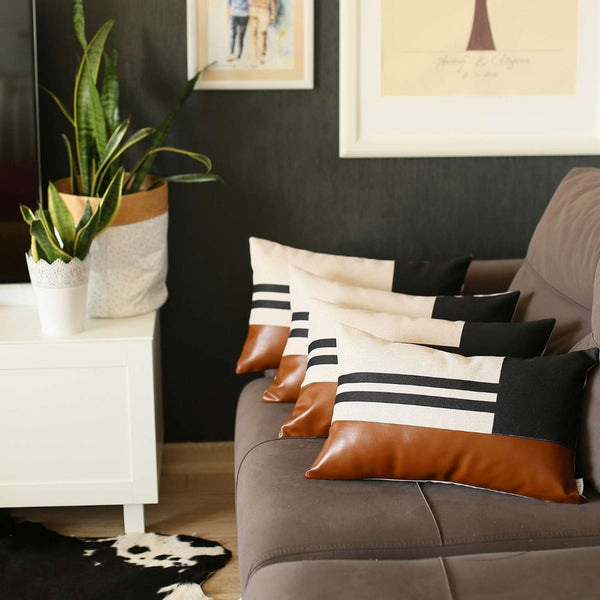 HomeRoots Set of 4 Contemporary Brown and Black Lumbar Pillow Covers – Stylish, Durable, Easy Care Accents 392693