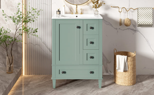 English Elm 24-inch Matte Bathroom Vanity Rubberwood Cabinet with Ceramic Sink and Soft-close Drawers Light Green N729P377516F