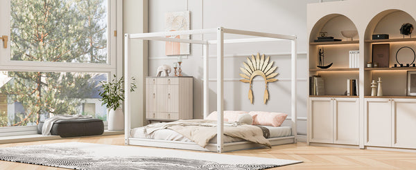 English Elm King Canopy Platform Bed with Support Legs, Sturdy Pine & MDF Slat Base for Cool, Fresh Mattress White WF309290AAK