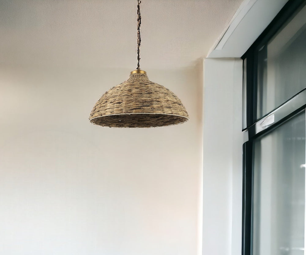 Homeroots Brown Wicker Domed Hanging Pendant Light   392846