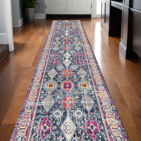 HomeRoots 20' Blue and Ivory Oriental Runner Rug - Timeless Elegance for Hallways and Narrow Spaces, Easy Care 2’ x 20’ 392856