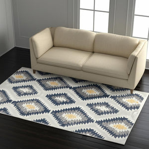 HomeRoots 5' Blue Ikat Kilim Area Rug - Durable, Stain-Resistant, Modern Pattern for Stylish Living Spaces 5’ x 8’ 392881