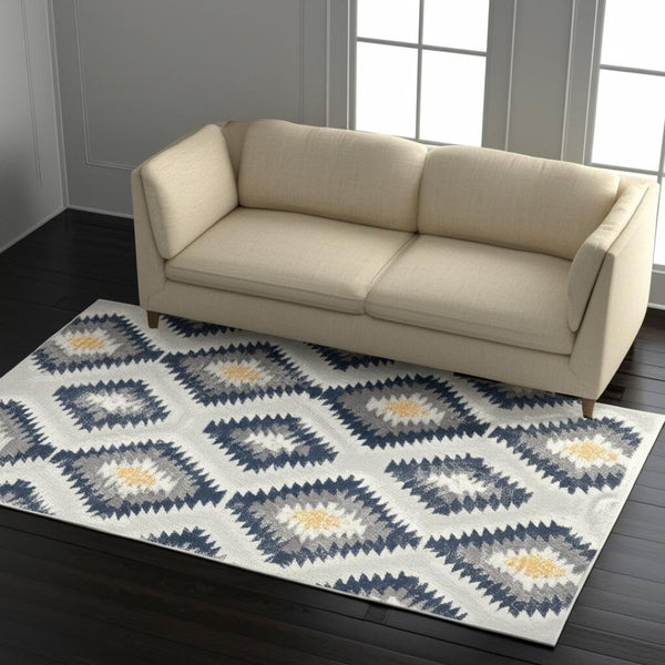 HomeRoots 5' Blue Ikat Kilim Area Rug - Durable, Stain-Resistant, Modern Pattern for Stylish Living Spaces 5’ x 8’ 392881