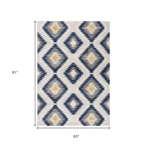 HomeRoots 5' Blue Ikat Kilim Area Rug - Durable, Stain-Resistant, Modern Pattern for Stylish Living Spaces 5’ x 8’ 392881