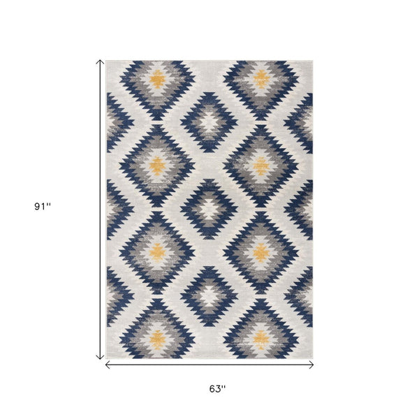 HomeRoots 5' Blue Ikat Kilim Area Rug - Durable, Stain-Resistant, Modern Pattern for Stylish Living Spaces 5’ x 8’ 392881