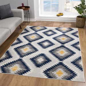 HomeRoots 5' Blue Ikat Kilim Area Rug - Durable, Stain-Resistant, Modern Pattern for Stylish Living Spaces 5’ x 8’ 392881