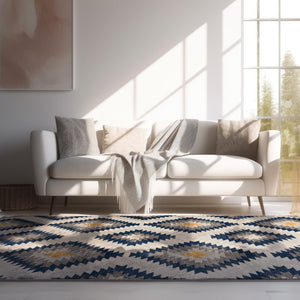 HomeRoots 5' Blue Ikat Kilim Area Rug - Durable, Stain-Resistant, Modern Pattern for Stylish Living Spaces 5’ x 8’ 392881