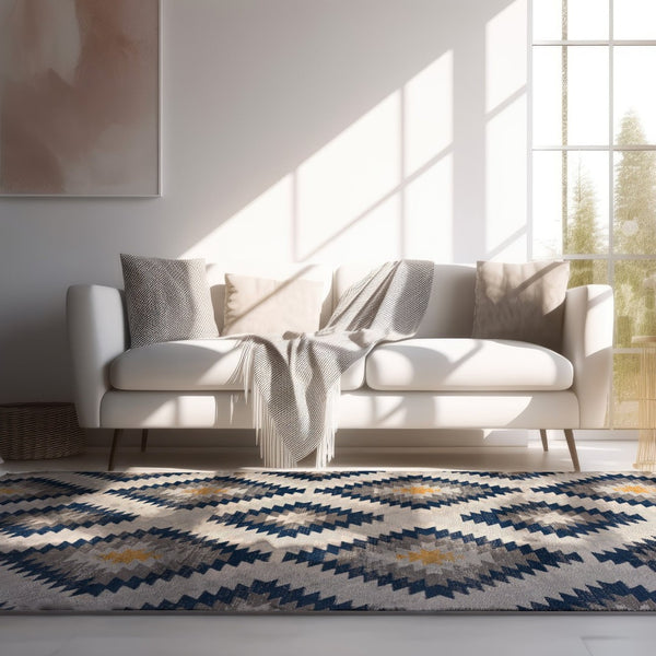 HomeRoots 5' Blue Ikat Kilim Area Rug - Durable, Stain-Resistant, Modern Pattern for Stylish Living Spaces 5’ x 8’ 392881