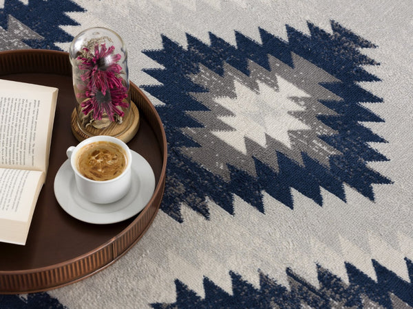 HomeRoots 5' Blue Ikat Kilim Area Rug - Durable, Stain-Resistant, Modern Pattern for Stylish Living Spaces 7’ x 10’ 392882