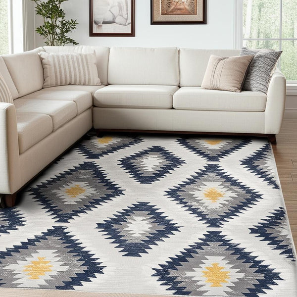 HomeRoots 5' Blue Ikat Kilim Area Rug - Durable, Stain-Resistant, Modern Pattern for Stylish Living Spaces 7’ x 10’ 392882