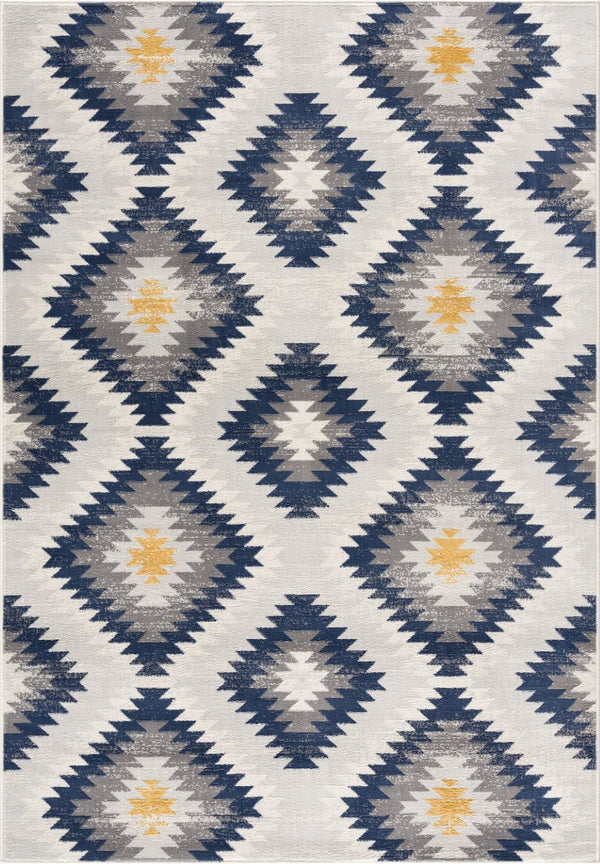 HomeRoots 5' Blue Ikat Kilim Area Rug - Durable, Stain-Resistant, Modern Pattern for Stylish Living Spaces 8’ x 11’ 392883