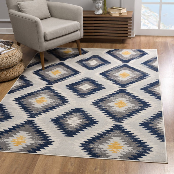 HomeRoots 5' Blue Ikat Kilim Area Rug - Durable, Stain-Resistant, Modern Pattern for Stylish Living Spaces 8’ x 11’ 392883