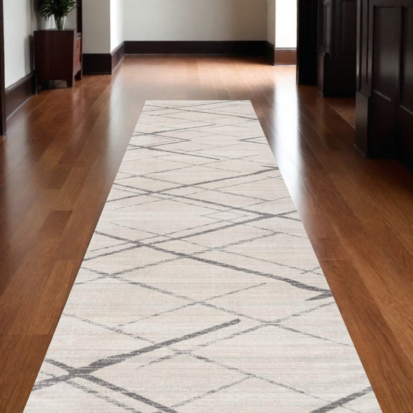 HomeRoots 20' Gray and Ivory Geometric Runner Rug - Stylish, Durable, and Perfect for High-Traffic Areas 2’ x 20’ 392891