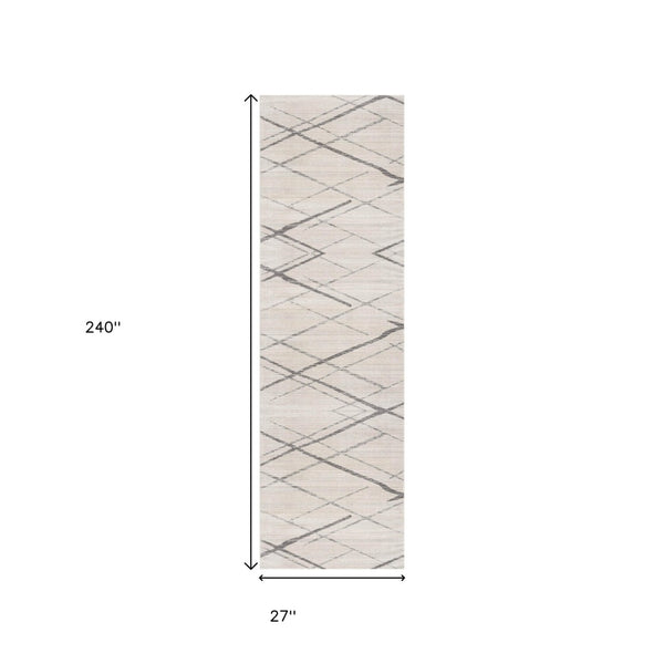 HomeRoots 20' Gray and Ivory Geometric Runner Rug - Stylish, Durable, and Perfect for High-Traffic Areas 2’ x 20’ 392891