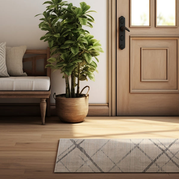 HomeRoots 20' Gray and Ivory Geometric Runner Rug - Stylish, Durable, and Perfect for High-Traffic Areas 2’ x 20’ 392891