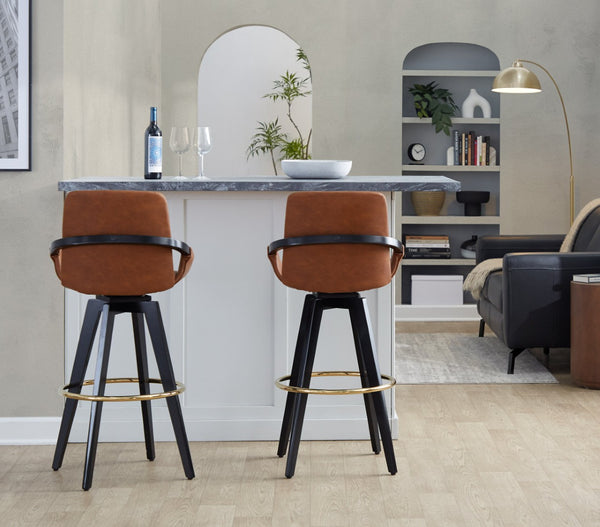 English Elm Fixed-height Swivel Barstools Upholstered Grey Fabric Black Wood Legs Kitchen Set of 2 Camel B202S01894