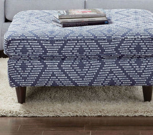 English Elm Blue Navy Pattern Ottoman 37.5" Square — Contemporary Upholstery, Espresso Tapered Block Legs, Stylish Accent Piece B2741P355170