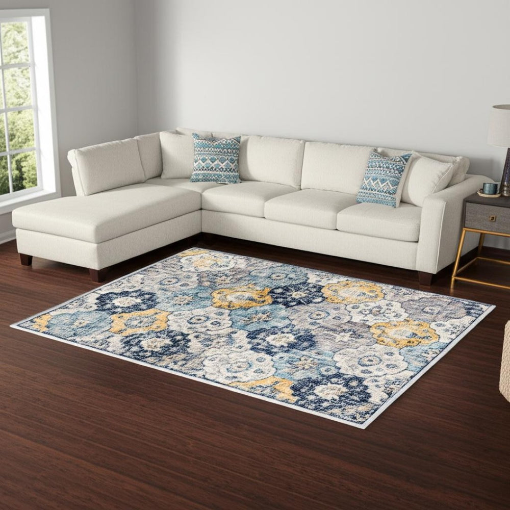 HomeRoots 12' Floral Washable Non-Skid Area Rug - Vibrant, Durable Design for High-Traffic Family Spaces Blue, Yellow 392903