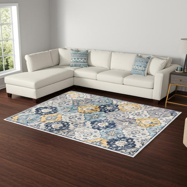 HomeRoots 12' Floral Washable Non-Skid Area Rug - Vibrant, Durable Design for High-Traffic Family Spaces Blue, Yellow 392903