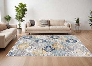 Homeroots 12' X 18' Blue And Yellow Floral Washable Non Skid Area Rug  Polypropylene 392903