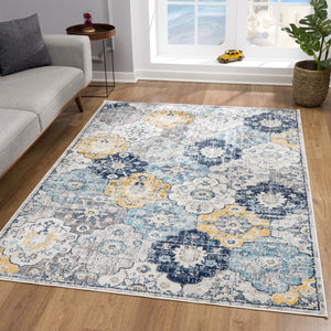 Homeroots 12' X 18' Blue And Yellow Floral Washable Non Skid Area Rug  Polypropylene 392903