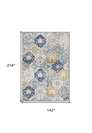 Homeroots 12' X 18' Blue And Yellow Floral Washable Non Skid Area Rug  Polypropylene 392903