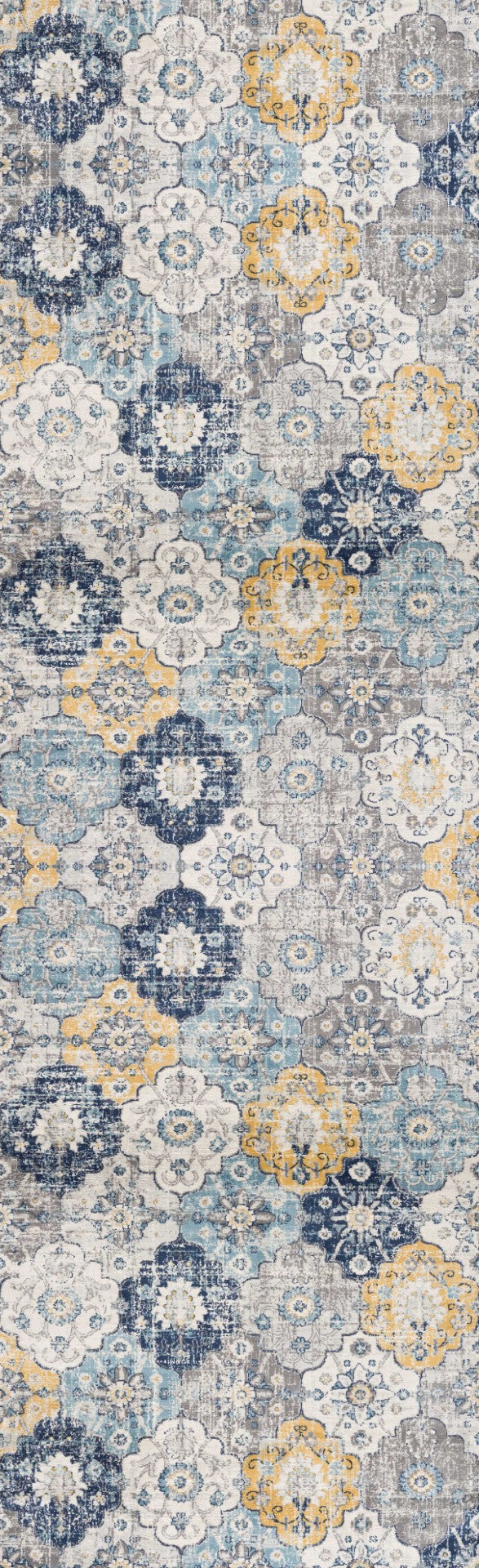 HomeRoots 20' Vibrant Blue and Yellow Floral Runner Rug - Durable, Stylish Design for High-Traffic Spaces 2’ x 20’ 392909
