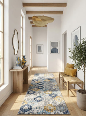 HomeRoots 20' Vibrant Blue and Yellow Floral Runner Rug - Durable, Stylish Design for High-Traffic Spaces 2’ x 20’ 392909