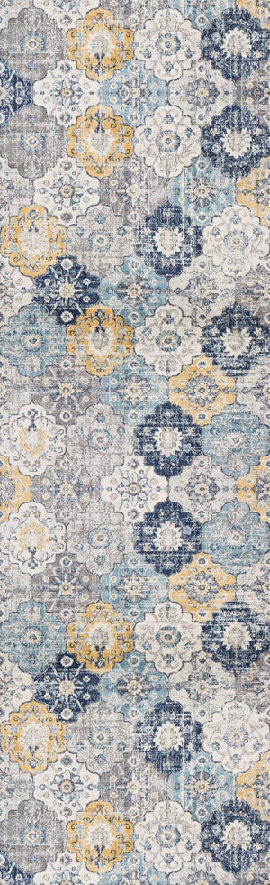 HomeRoots 20' Vibrant Blue and Yellow Floral Runner Rug - Durable, Stylish Design for High-Traffic Spaces 2’ x 20’ 392909
