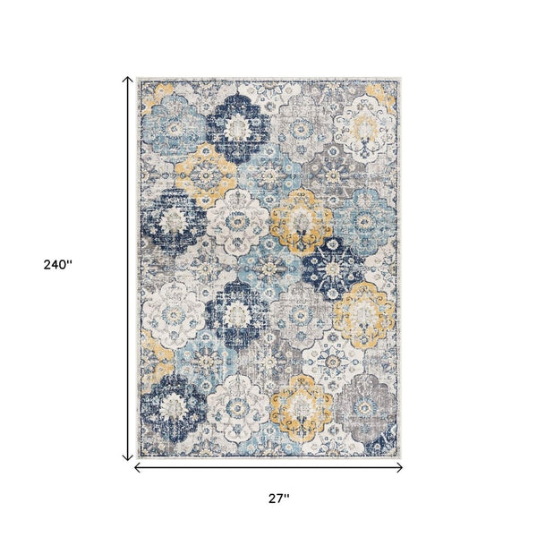 HomeRoots 20' Vibrant Blue and Yellow Floral Runner Rug - Durable, Stylish Design for High-Traffic Spaces 2’ x 20’ 392909