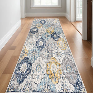 HomeRoots 20' Vibrant Blue and Yellow Floral Runner Rug - Durable, Stylish Design for High-Traffic Spaces 2’ x 20’ 392909