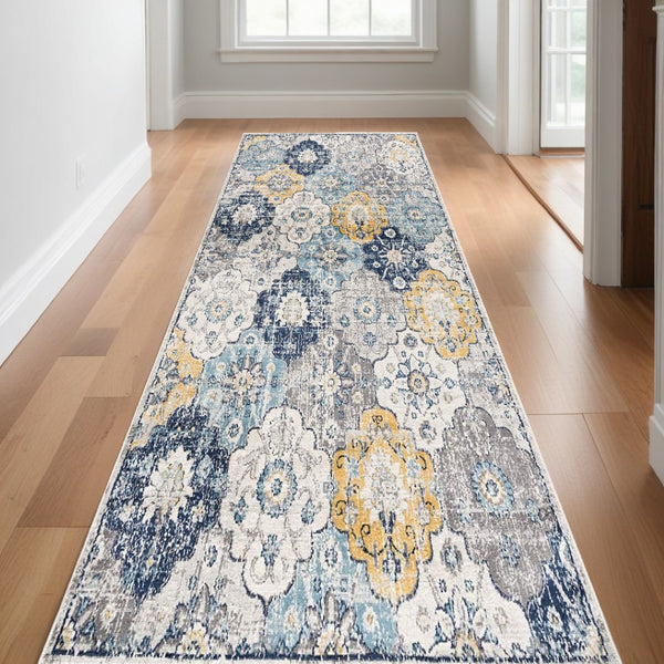 HomeRoots 20' Vibrant Blue and Yellow Floral Runner Rug - Durable, Stylish Design for High-Traffic Spaces 2’ x 20’ 392909
