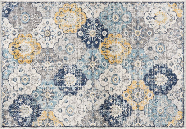 HomeRoots 20' Vibrant Blue and Yellow Floral Runner Rug - Durable, Stylish Design for High-Traffic Spaces 5’ x 8’ 392917