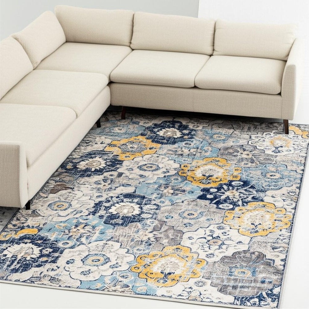 HomeRoots 20' Vibrant Blue and Yellow Floral Runner Rug - Durable, Stylish Design for High-Traffic Spaces 7’ x 10’ 392918