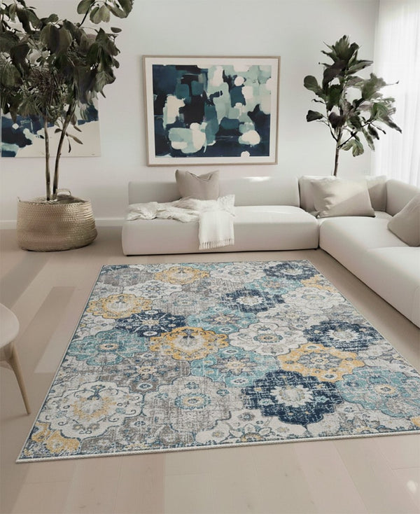 HomeRoots 20' Vibrant Blue and Yellow Floral Runner Rug - Durable, Stylish Design for High-Traffic Spaces 7’ x 10’ 392918