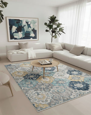 HomeRoots 20' Vibrant Blue and Yellow Floral Runner Rug - Durable, Stylish Design for High-Traffic Spaces 7’ x 10’ 392918