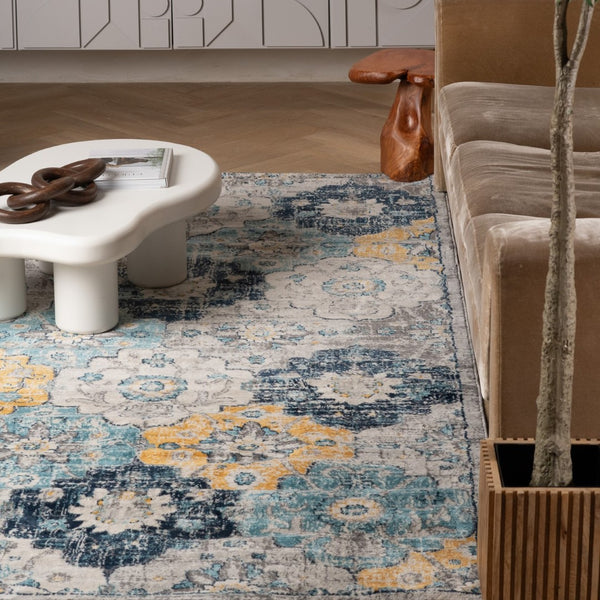 HomeRoots 20' Vibrant Blue and Yellow Floral Runner Rug - Durable, Stylish Design for High-Traffic Spaces 7’ x 10’ 392918