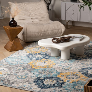 HomeRoots 20' Vibrant Blue and Yellow Floral Runner Rug - Durable, Stylish Design for High-Traffic Spaces 8’ x 11’ 392919