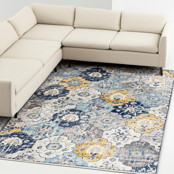 HomeRoots 20' Vibrant Blue and Yellow Floral Runner Rug - Durable, Stylish Design for High-Traffic Spaces 8’ x 11’ 392919