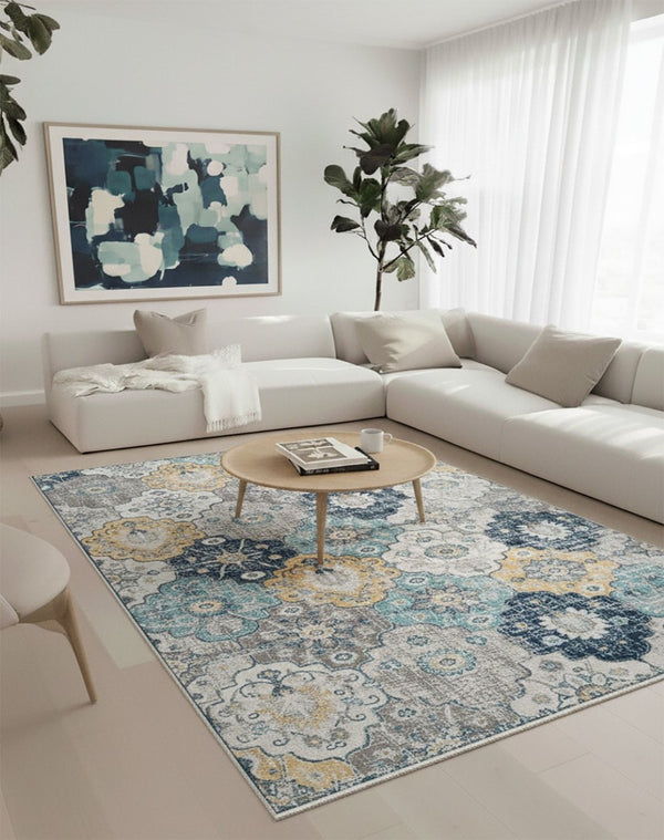 HomeRoots 20' Vibrant Blue and Yellow Floral Runner Rug - Durable, Stylish Design for High-Traffic Spaces 8’ x 11’ 392919
