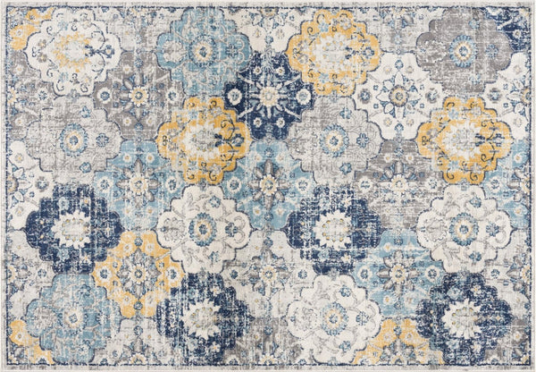HomeRoots 20' Vibrant Blue and Yellow Floral Runner Rug - Durable, Stylish Design for High-Traffic Spaces 8’ x 11’ 392919