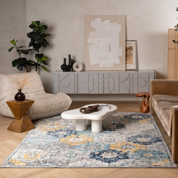 HomeRoots 20' Vibrant Blue and Yellow Floral Runner Rug - Durable, Stylish Design for High-Traffic Spaces 8’ x 11’ 392919