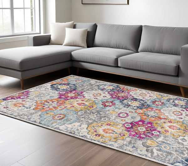 HomeRoots 12' Floral Washable Non-Skid Area Rug - Vibrant, Durable Design for High-Traffic Family Spaces Blue, Ivory 392921