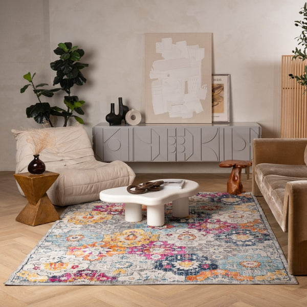 HomeRoots 12' Floral Washable Non-Skid Area Rug - Vibrant, Durable Design for High-Traffic Family Spaces Blue, Ivory 392921