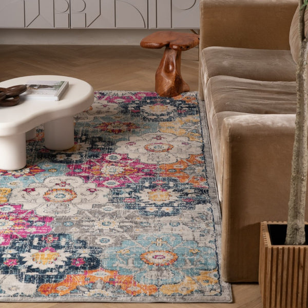 HomeRoots 12' Floral Washable Non-Skid Area Rug - Vibrant, Durable Design for High-Traffic Family Spaces Blue, Ivory 392921