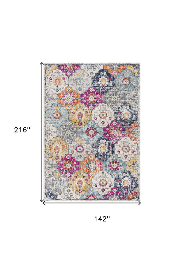 HomeRoots 12' Floral Washable Non-Skid Area Rug - Vibrant, Durable Design for High-Traffic Family Spaces Blue, Ivory 392921