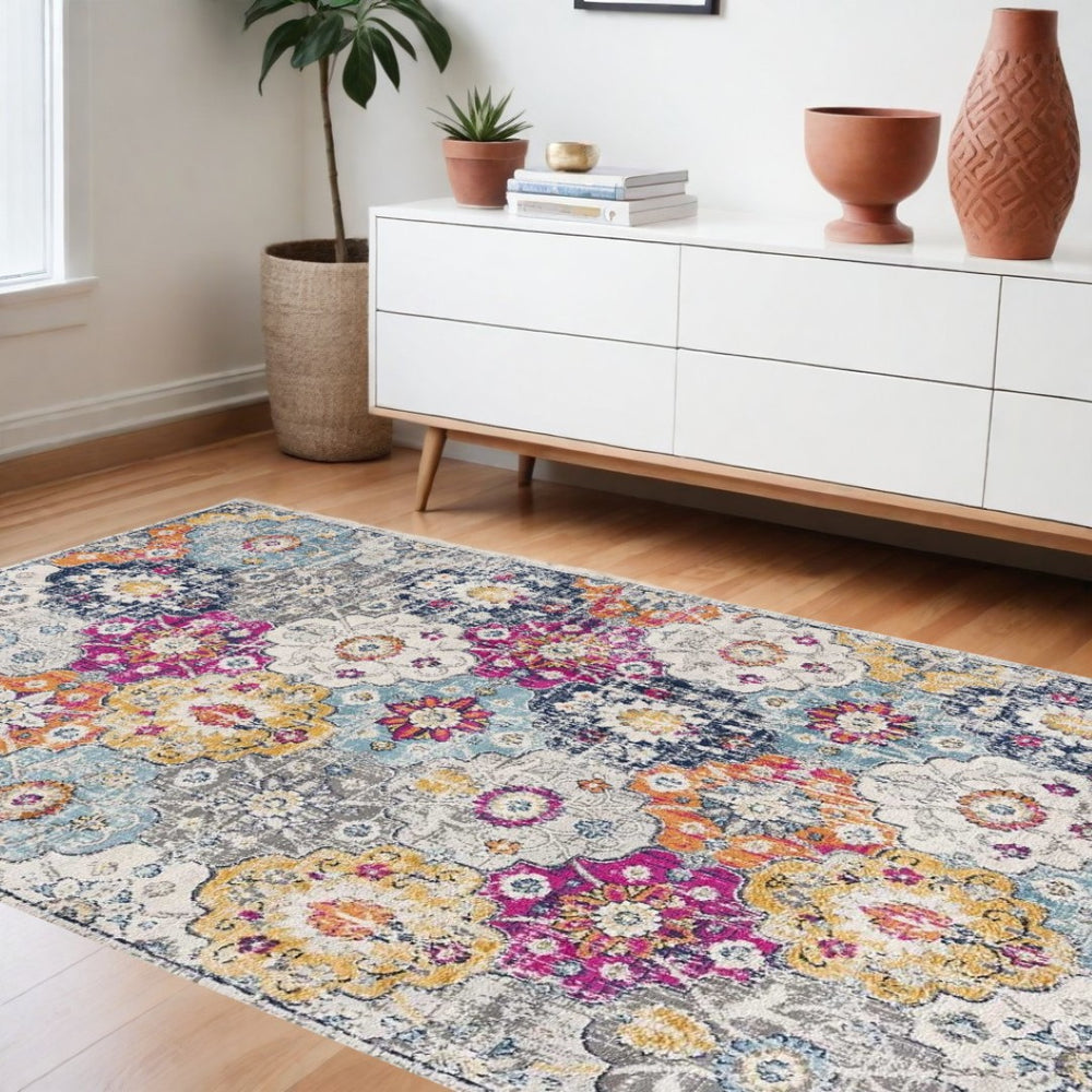 HomeRoots 20' Floral Distressed Runner Rug in Blue and Ivory - Durable, Vintage Style for High-Traffic Areas 7’ x 10’ 392936