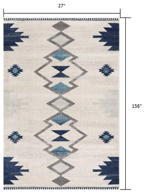 Homeroots 13' Runner Blue And Ivory Southwestern Runner Rug  Polypropylene 392941