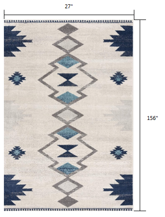 Homeroots 13' Runner Blue And Ivory Southwestern Runner Rug  Polypropylene 392941
