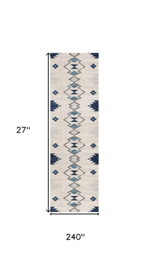 HomeRoots 20' Blue and Ivory Southwestern Runner Rug - Durable, Stylish, and Perfect for Hallways or Entrances 2’ x 20’ 392944